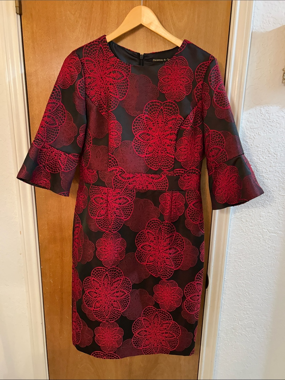 Women’s Black Dress with Red Floral Lace Motif by Preston New York. Great shape.